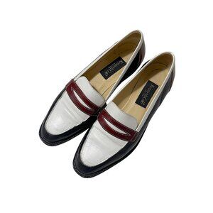 90s Kenneth Cole Spectator Penny Loafers Leather 7.5 Navy White Burgundy